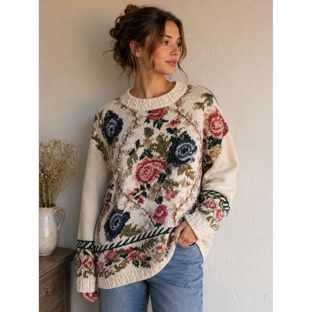 Crystal Kobe Vintage Floral Knit Cottagecore Sweater Cream Pink Blue Crewneck S